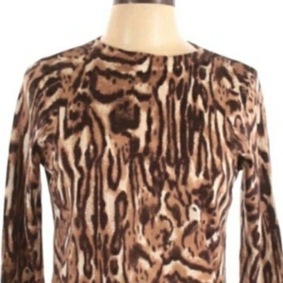 Talbots Sweater 100% Pure Merino Wool Leopard Animal Print Crew Neck Brown L - Picture 2 of 9